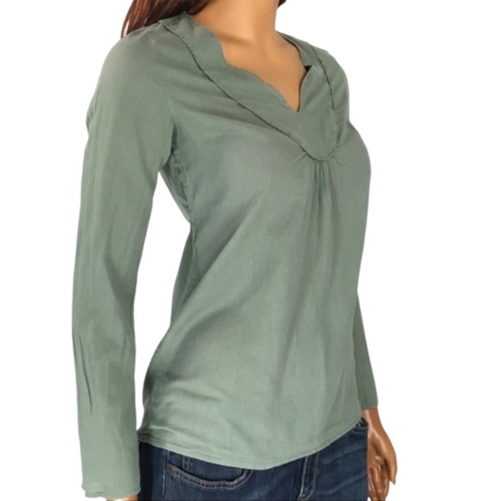 Lilu Boho Festival Olive Green Babydoll Top Tie Back XS Long Sleeves Fall Woman